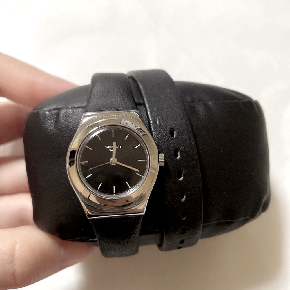 Swatch Irony Wrap Around Black Leather Watch